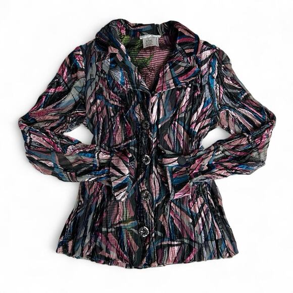 Alberto Makali Velvet Pleated Burnout Sheer Button Up Top Size S Maximalist - Picture 1 of 6